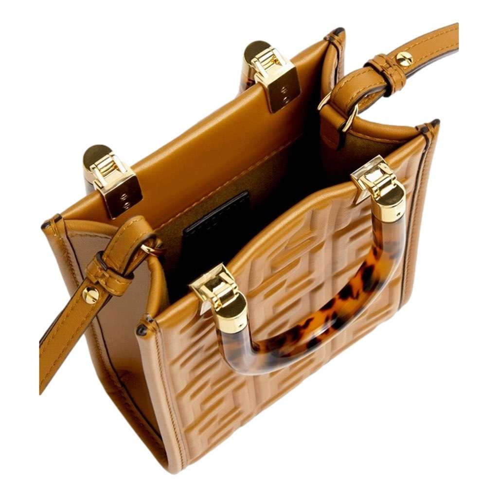 Fendi Fendi FF Zucca Leather Mini Sunshine Shopper Tote Crossbody Bag Caramello Brown Brown Leather Never worn, with tag - Model View