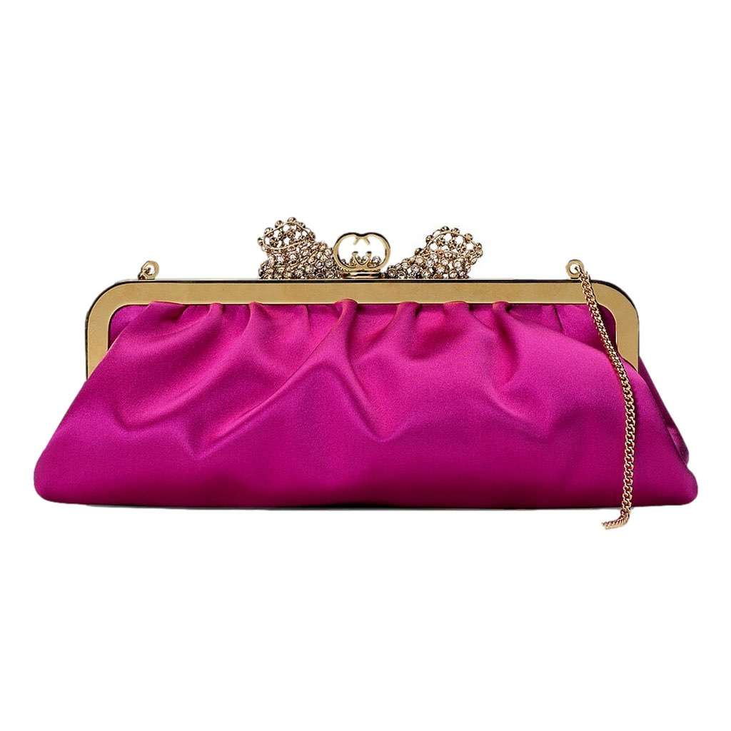 Gucci Gucci Broadway Fuchsia Satin Crystal Bow Clutch Chain Shoulder Bag Pink Never worn, with tag - Inside View