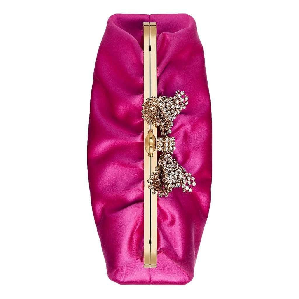 Gucci Gucci Broadway Fuchsia Satin Crystal Bow Clutch Chain Shoulder Bag Pink Never worn, with tag - Model View