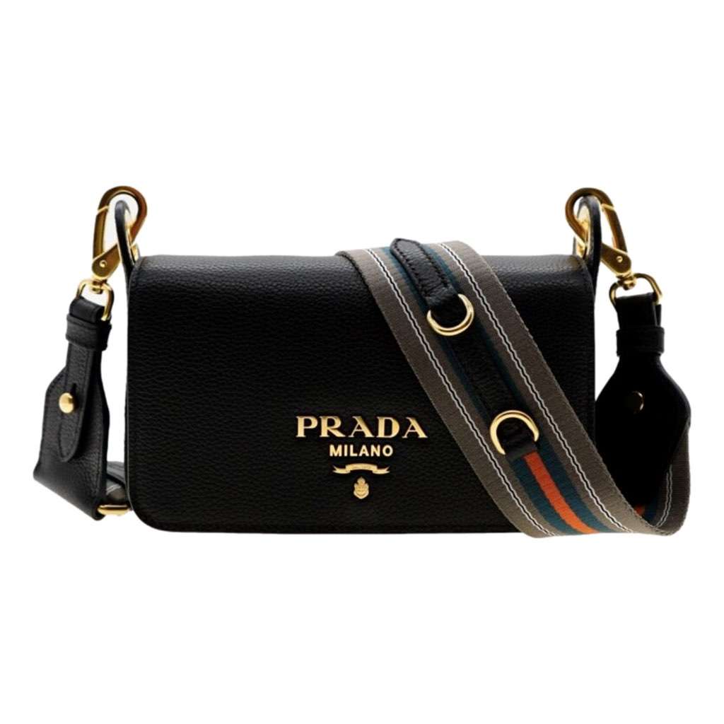 Prada Prada Milano Black Small Leather Crossbody Bag Web Stripe Strap Black Leather Never worn, with tag - Front View
