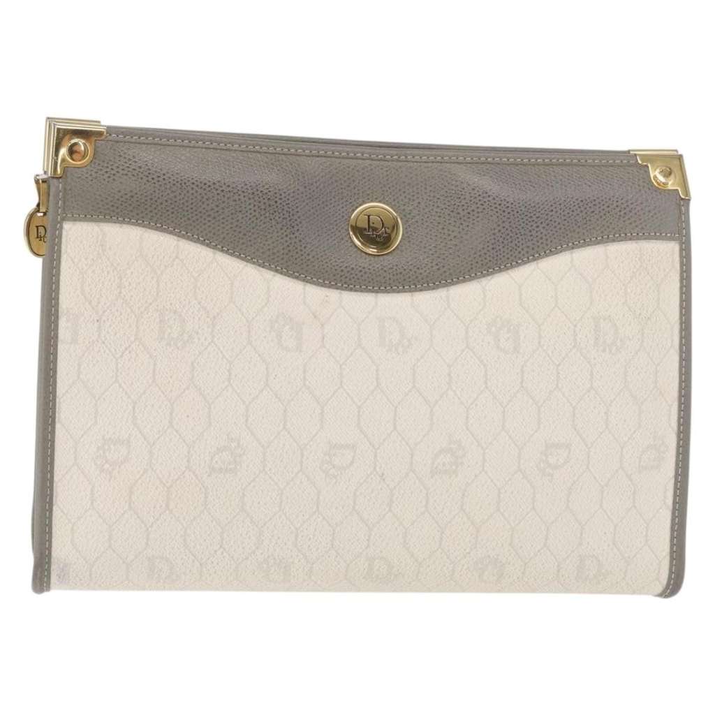 Christian Dior Vintage Honeycomb Zip Pouch White Canvas Good condition - Front View