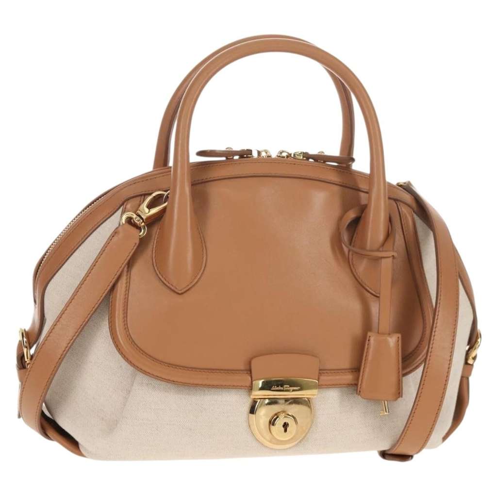 Salvatore Ferragamo Vintage Fiamma Satchel Beige Canvas Good condition - Front View