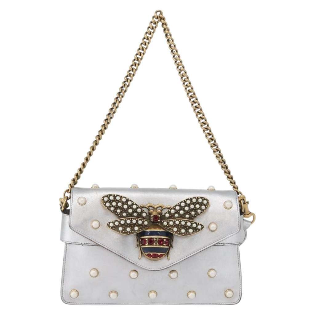 Gucci Broadway Pearly Bee Shoulder Bag Silver Leather Good condition - Front View