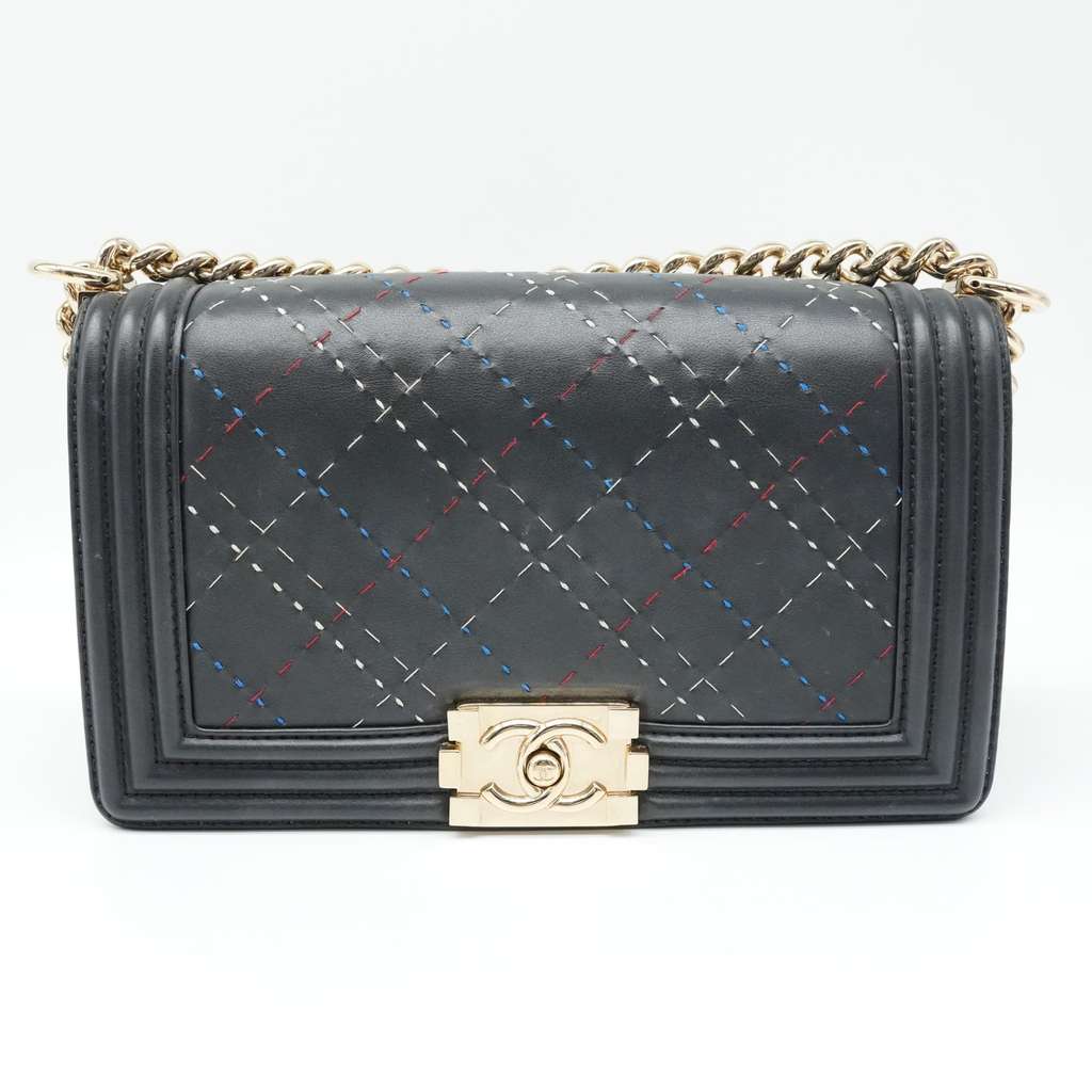 Chanel Boy Bag Black Medium tricolor Black Leather Fair - Back View