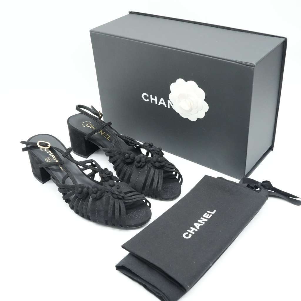 Chanel Black Suede Mule Sandals Camellia Flower Gold Tone Buckle Size 40C Black Suede Fair condition - Front View