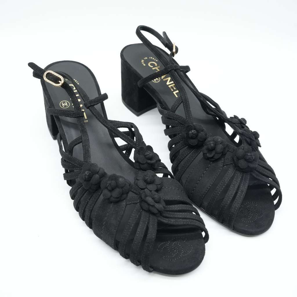 Chanel Black Suede Mule Sandals Camellia Flower Gold Tone Buckle Size 40C Black Suede Fair condition - Back View