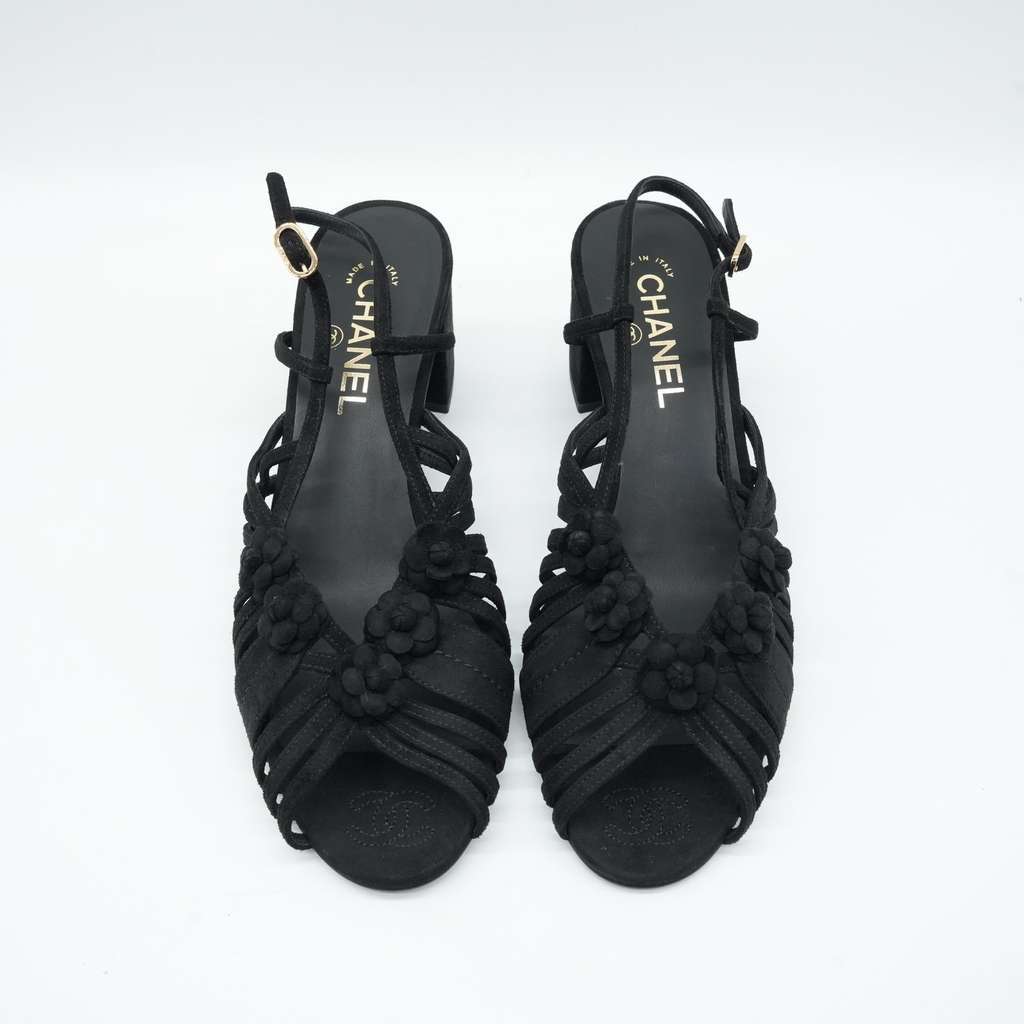 Chanel Black Suede Mule Sandals Camellia Flower Gold Tone Buckle Size 40C Black Suede Fair condition - Inside View