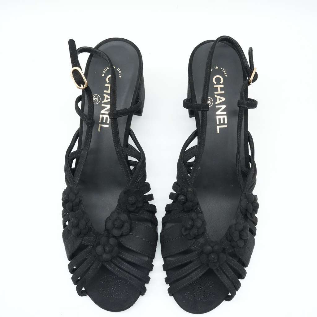Chanel Black Suede Mule Sandals Camellia Flower Gold Tone Buckle Size 40C Black Suede Fair condition - Model View