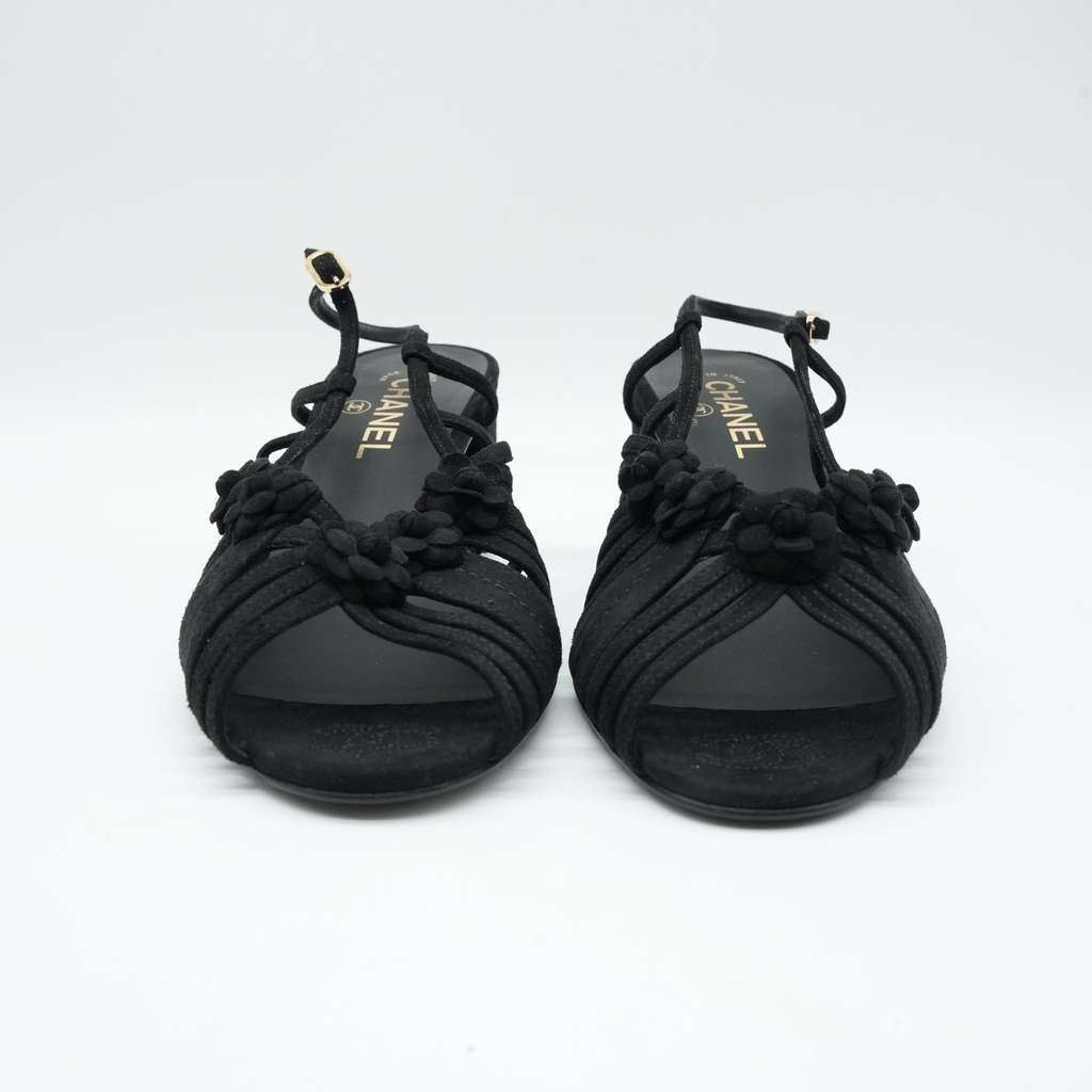 Chanel Black Suede Mule Sandals Camellia Flower Gold Tone Buckle Size 40C Black Suede Fair condition - Box View