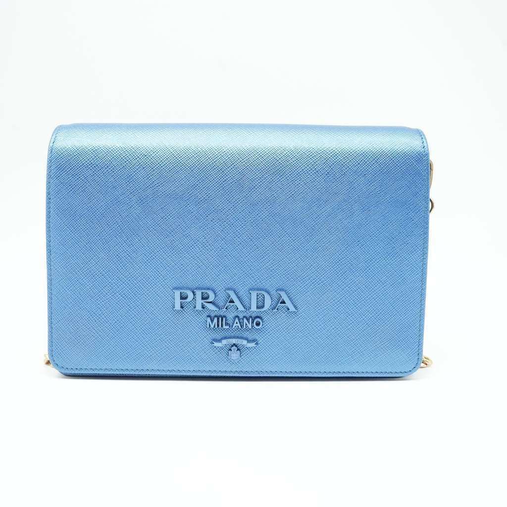 Prada Saffiano Leather Zip Around Wallet On Chain Blue Fair - Back View