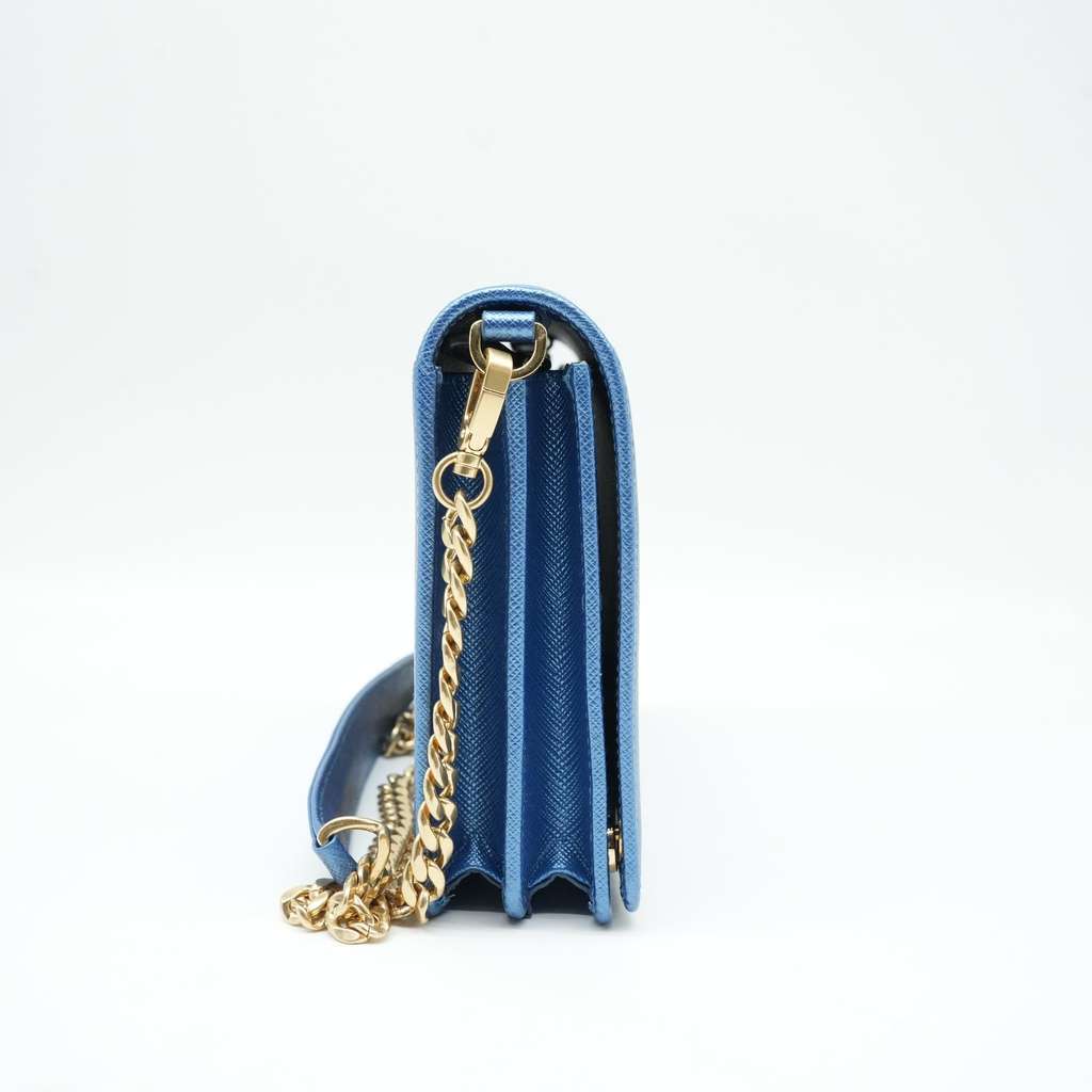Prada Saffiano Leather Zip Around Wallet On Chain Blue Fair - Inside View