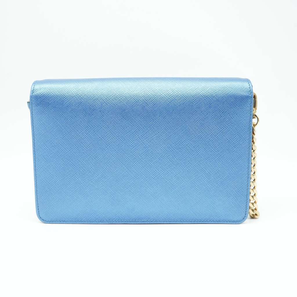 Prada Saffiano Leather Zip Around Wallet On Chain Blue Fair - Model View
