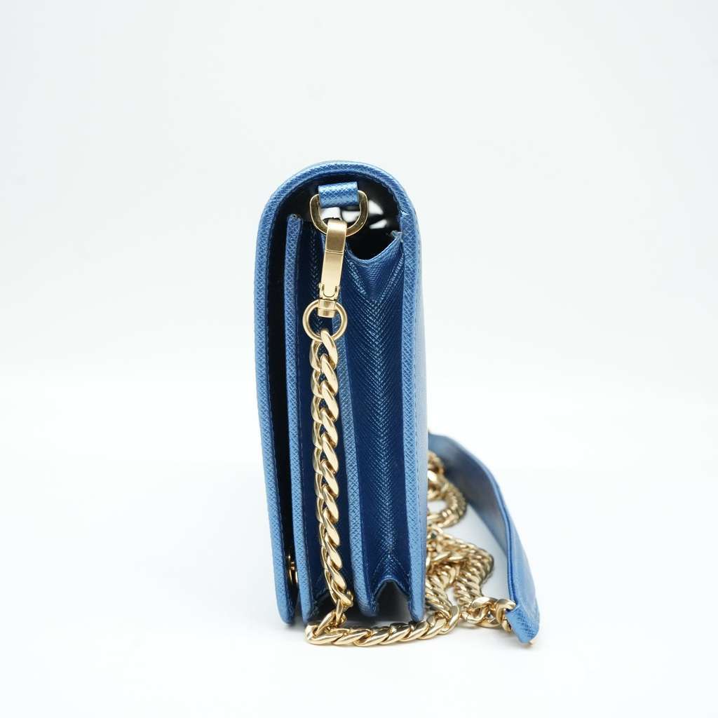 Prada Saffiano Leather Zip Around Wallet On Chain Blue Fair - Box View