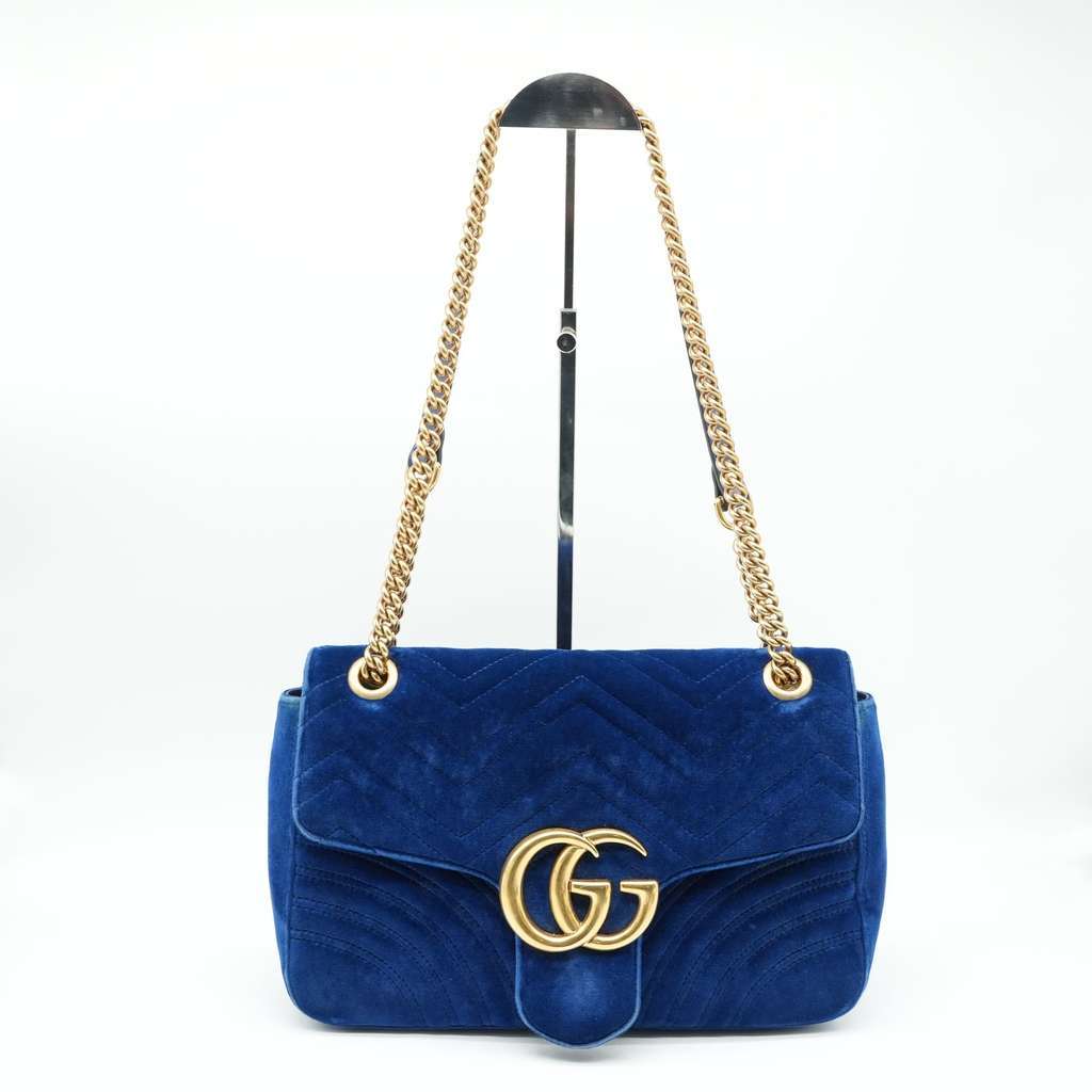 Gucci GG Marmont Shoulder Bag Navy Blue Velvet Blue Velvet Fair - Back View