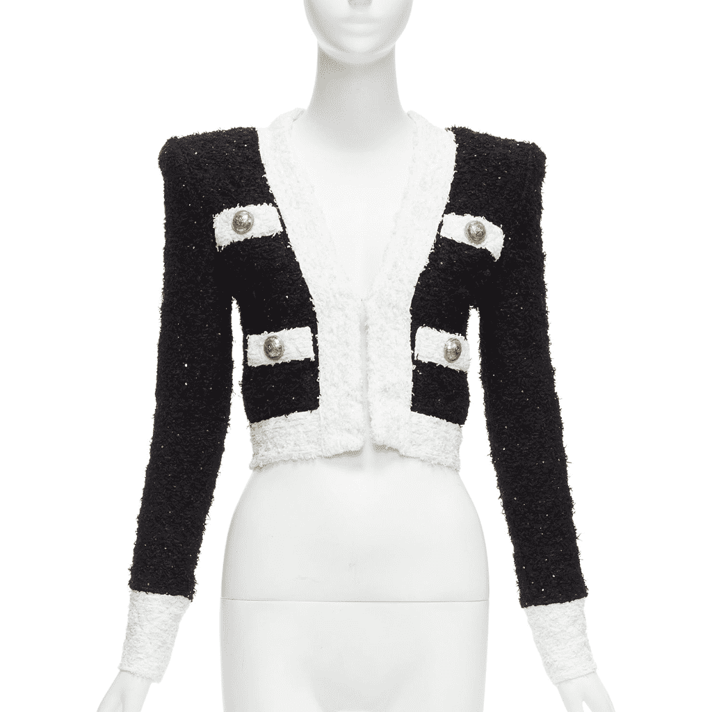 Balmain Black White Tweed Blazer Black Viscose Never worn - Front View