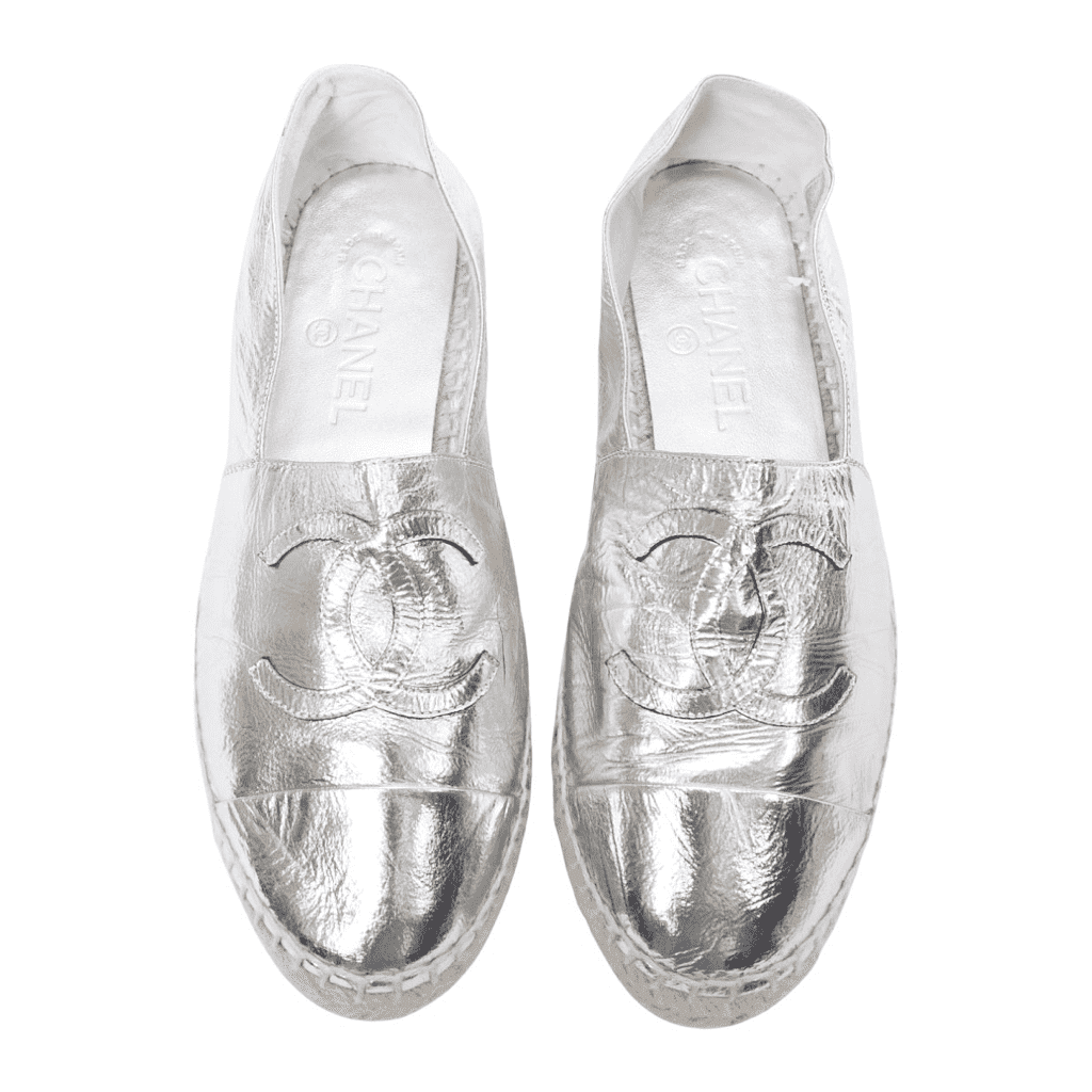 Chanel Woven Leather Flats Silver Leather Good - Front View