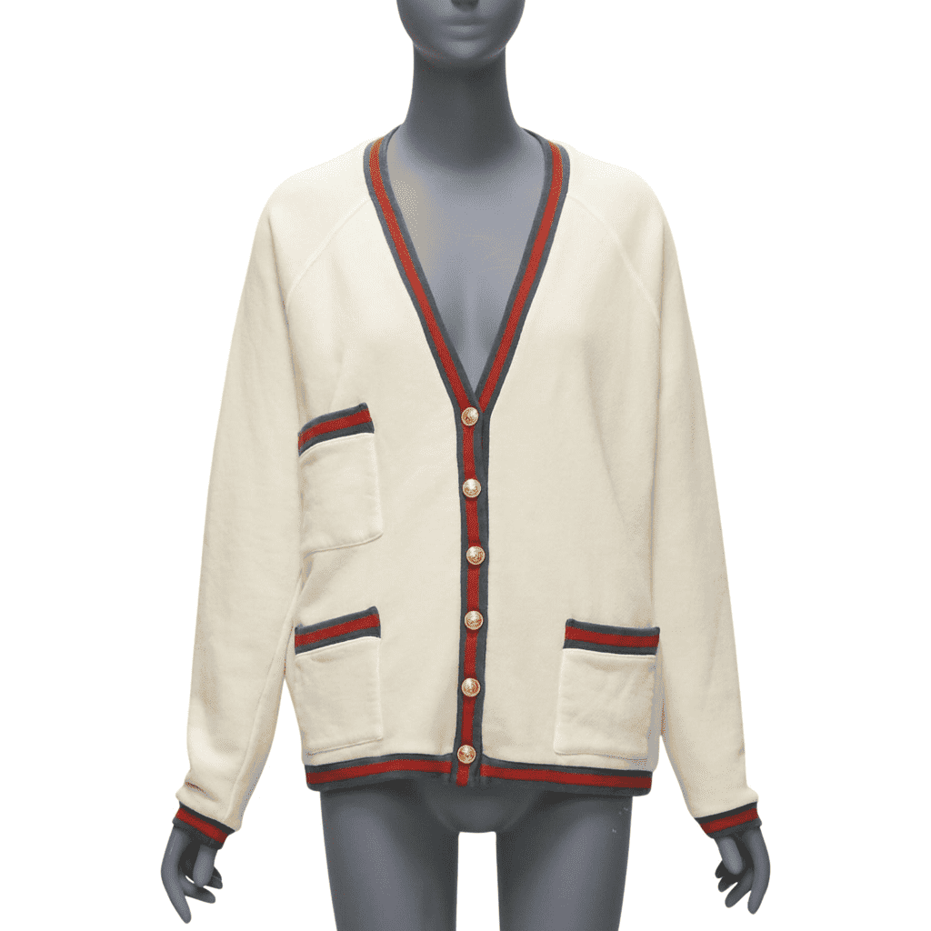 Gucci Green GG Cardigan Ecru Cotton Never worn - Front View