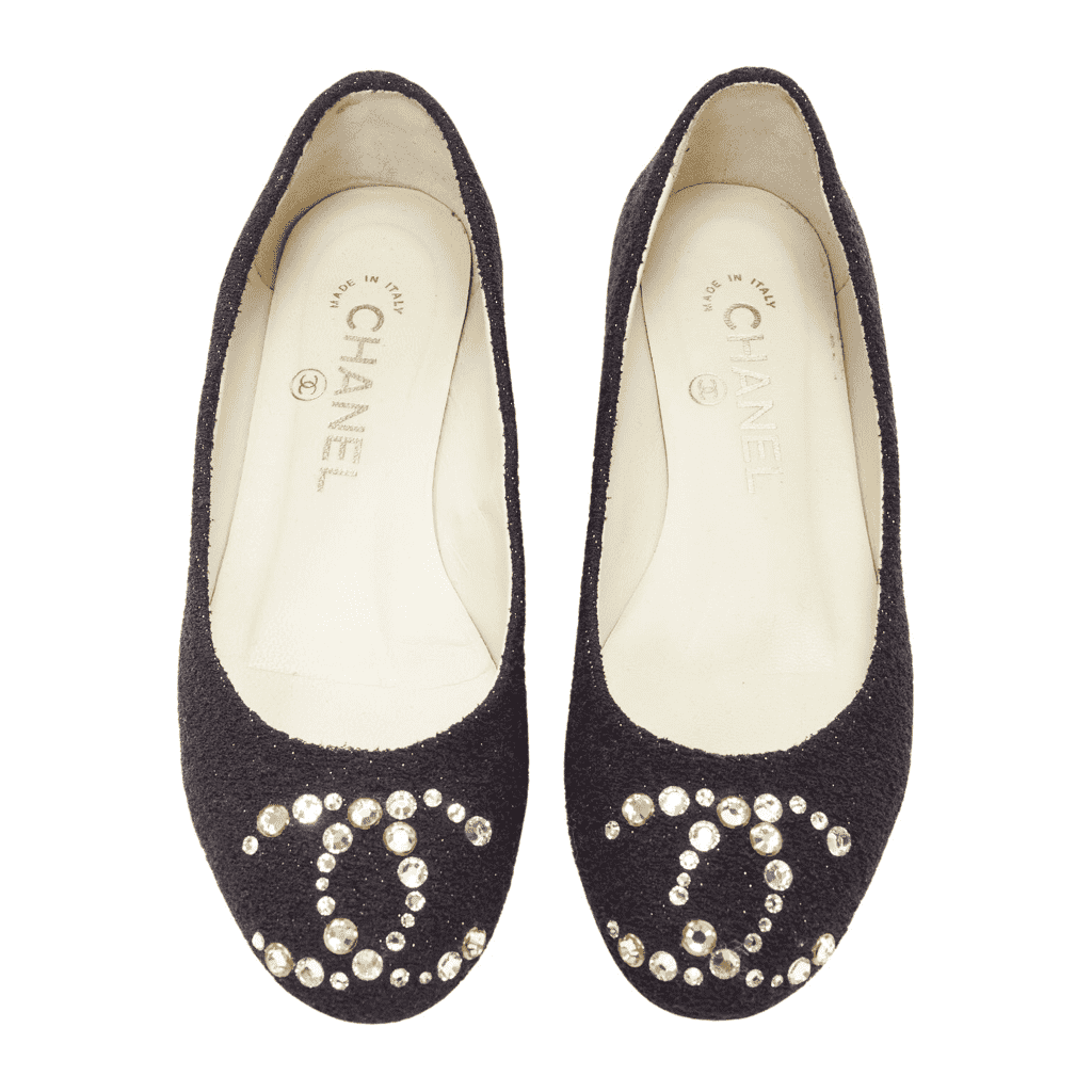 Chanel Gold Embroidery Pointy Flats Black Tweed Very good - Front View
