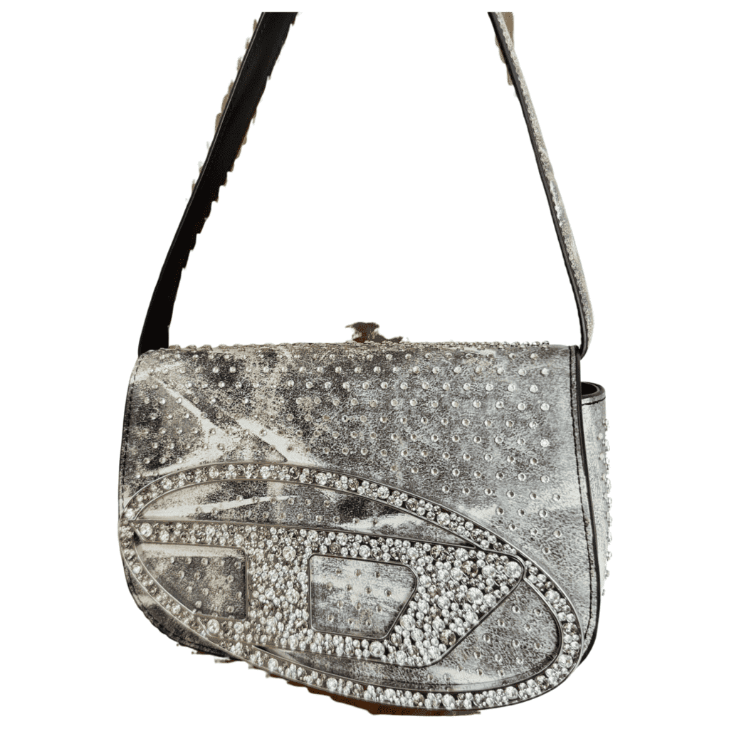 Diesel Crystal-Embellished Grey Leather White Gold Never worn - Front View
