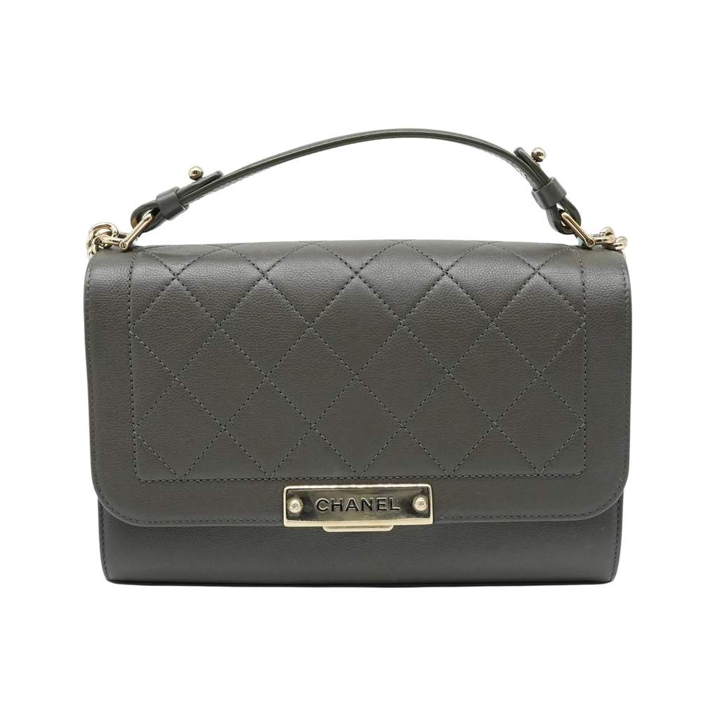 Chanel Grained Calfskin Quilted Medium Label Click Flap Bag Khaki Khaki Good - Front View