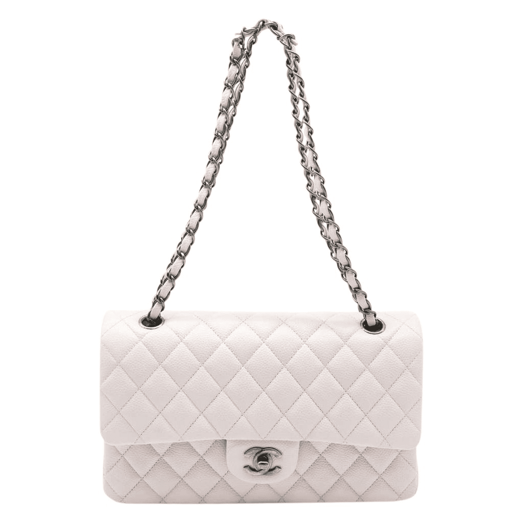 Chanel Classic Medium Flap Nude Caviar Leather Bag with Ruthenium Hardware Size 25 Beige Leather Good condition - Front View
