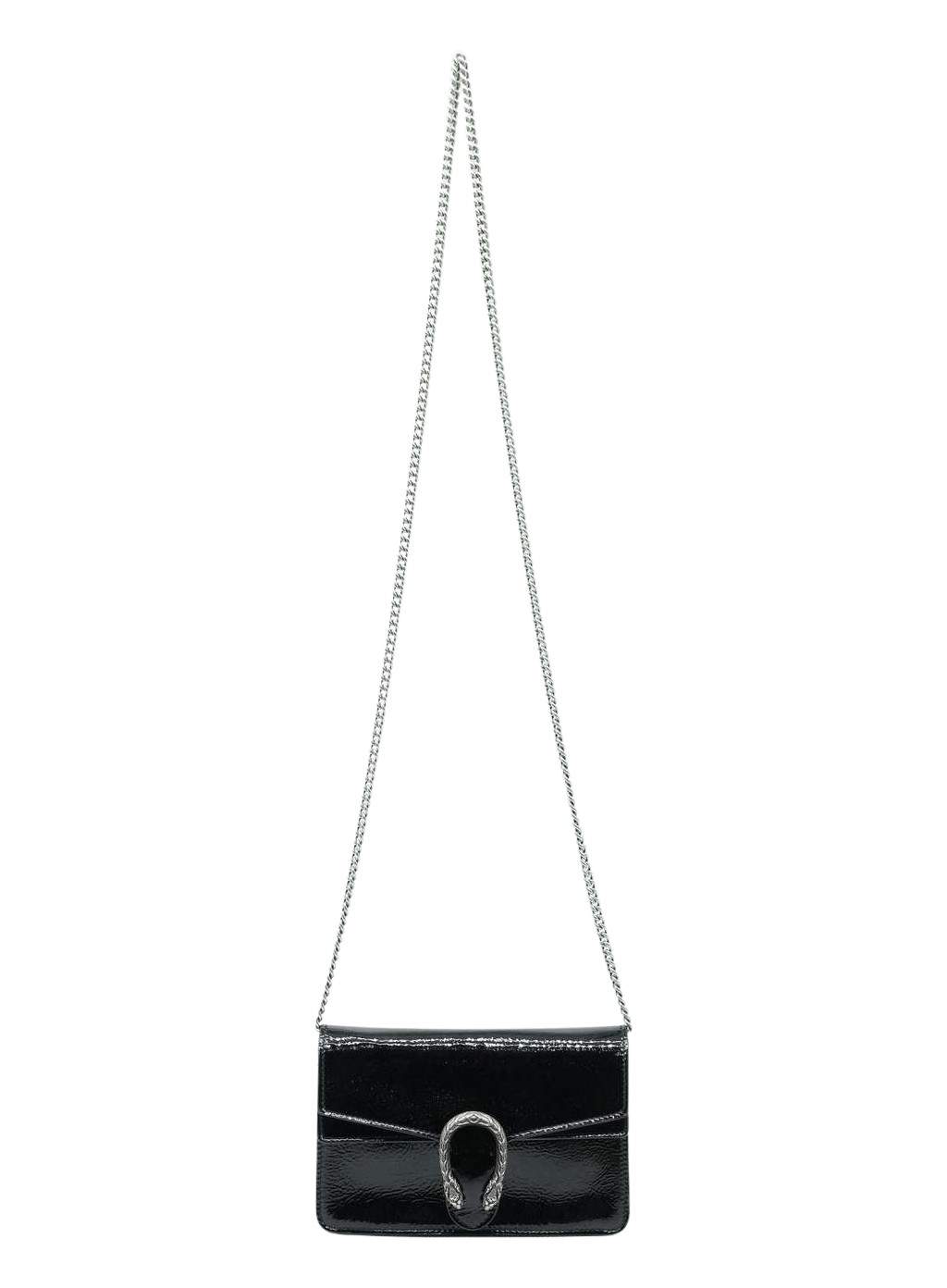 Gucci Super Mini Dionysus Bag in Patent Leather Black Black Fair - Front View