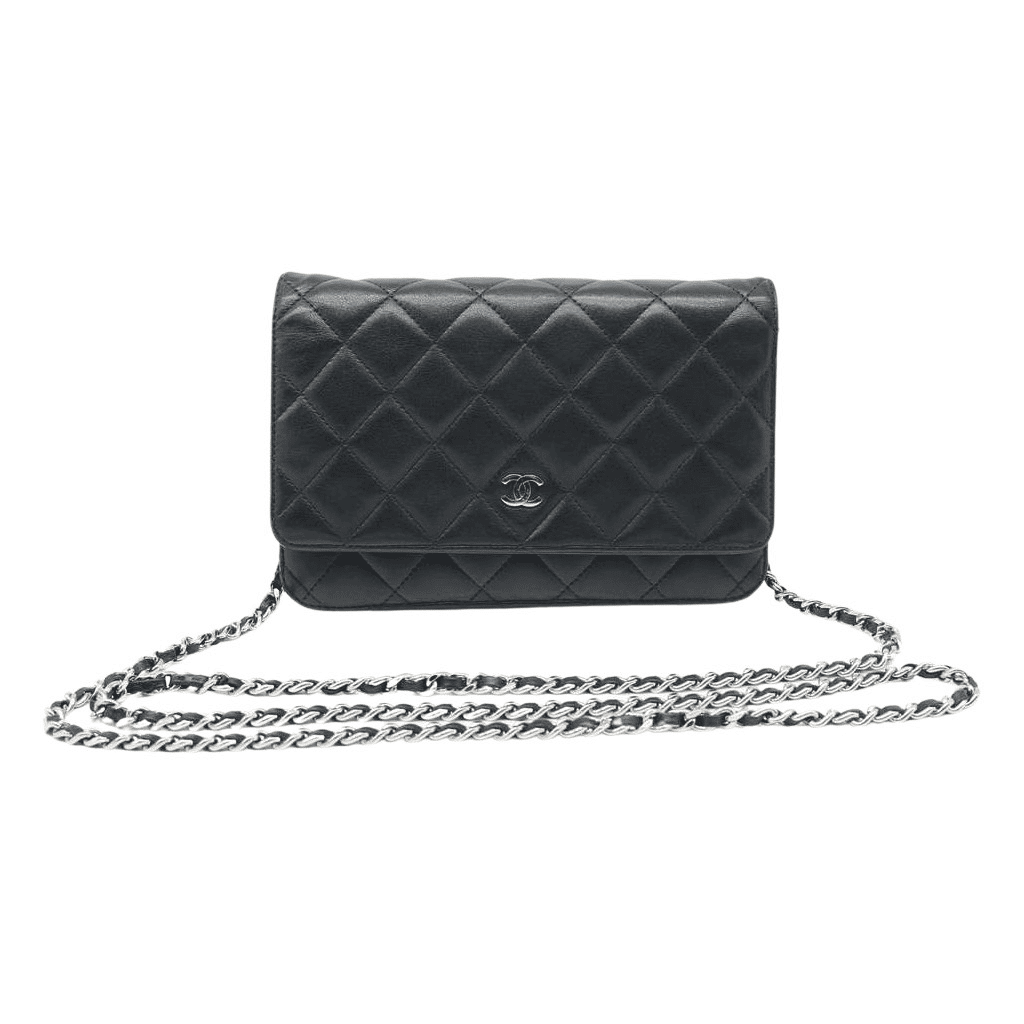 Chanel Wallet On Chain Black Lambaskin Sliver Tone Hard ware Black Good - Front View