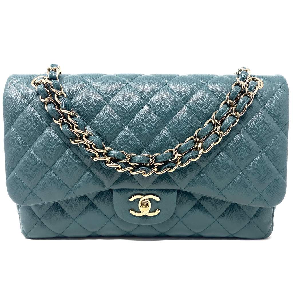 Chanel Double Flap Bag Green Leather Good condition - Front View