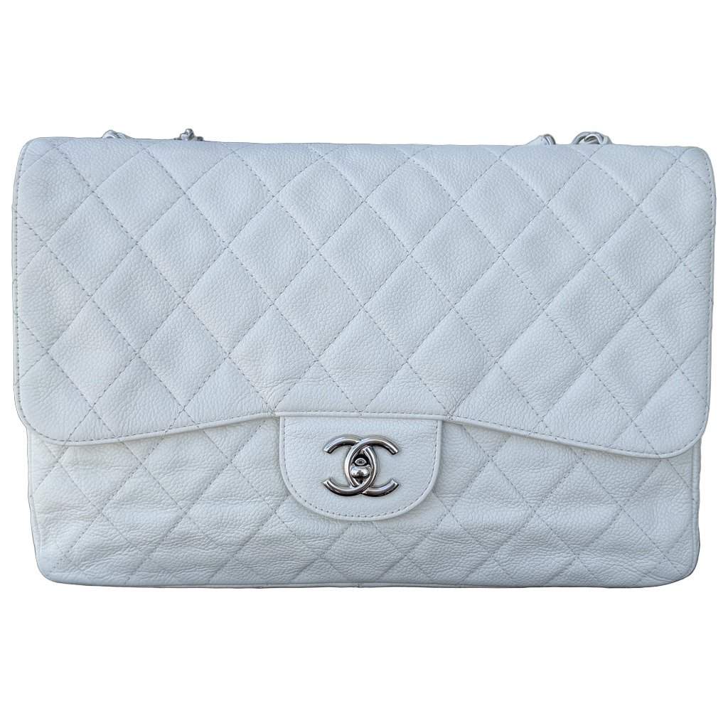 Chanel Jumbo Single Flap Caviar White Leather Good condition - Front View