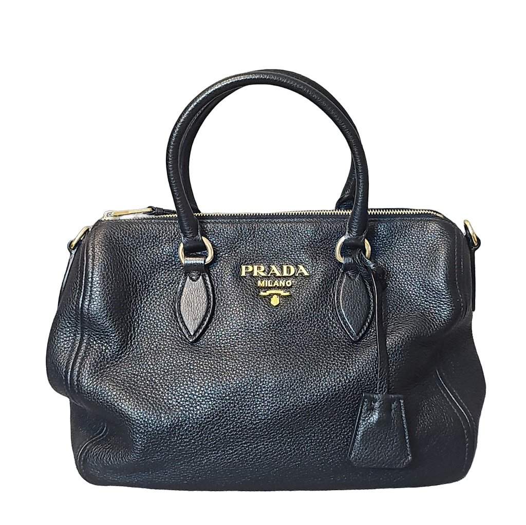 Prada Vitello Phenix Bauletto Bag Black Leather Very good condition - Front View