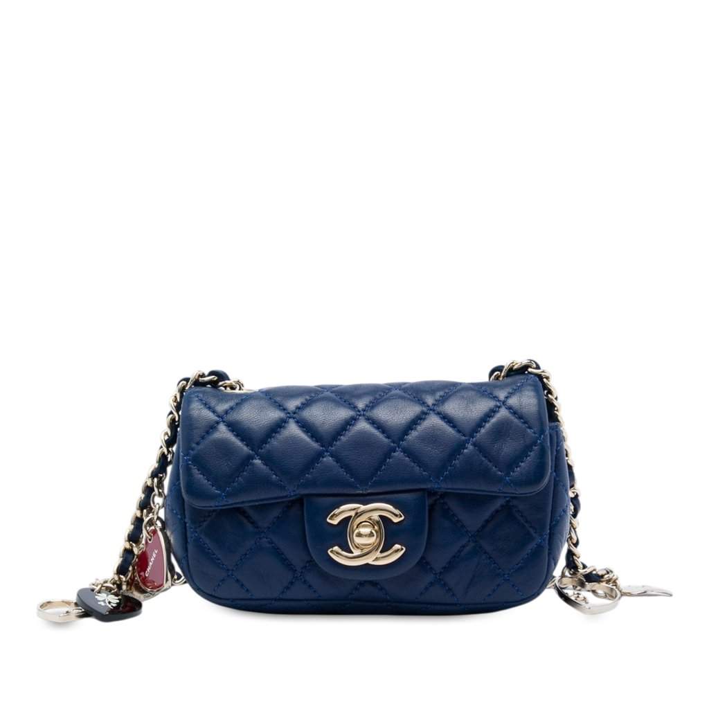 Chanel Extra Mini CC Quilted Lambskin Heart Valentine Charms Flap Blue Leather Very good - Front View