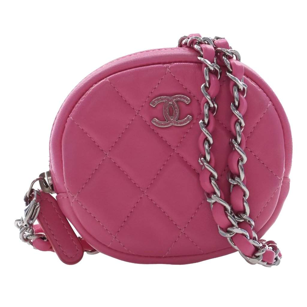 Chanel CC Quilted Lambskin Zip Around Coin Pouch with Chain Pink Leather Very good condition - Front View