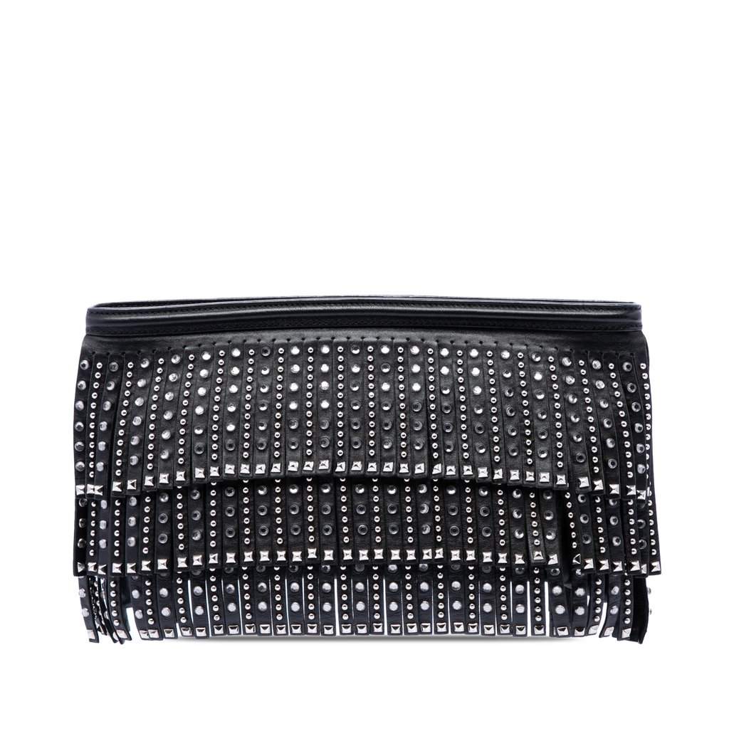 Prada Crystal Embellished Leather Fringe Clutch Black Leather Very good - Front View