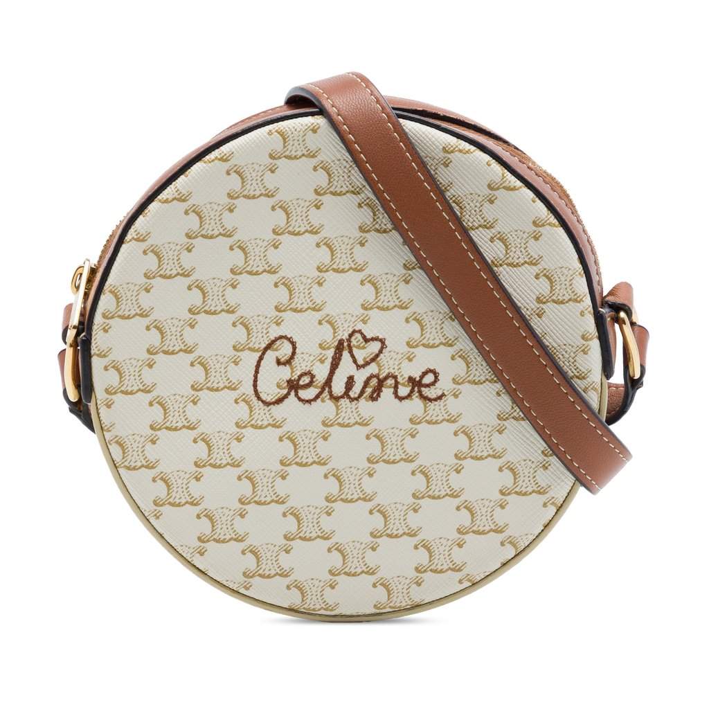 Celine Triomphe Coated Canvas Embroidered Round Purse on Strap White Very good - Front View