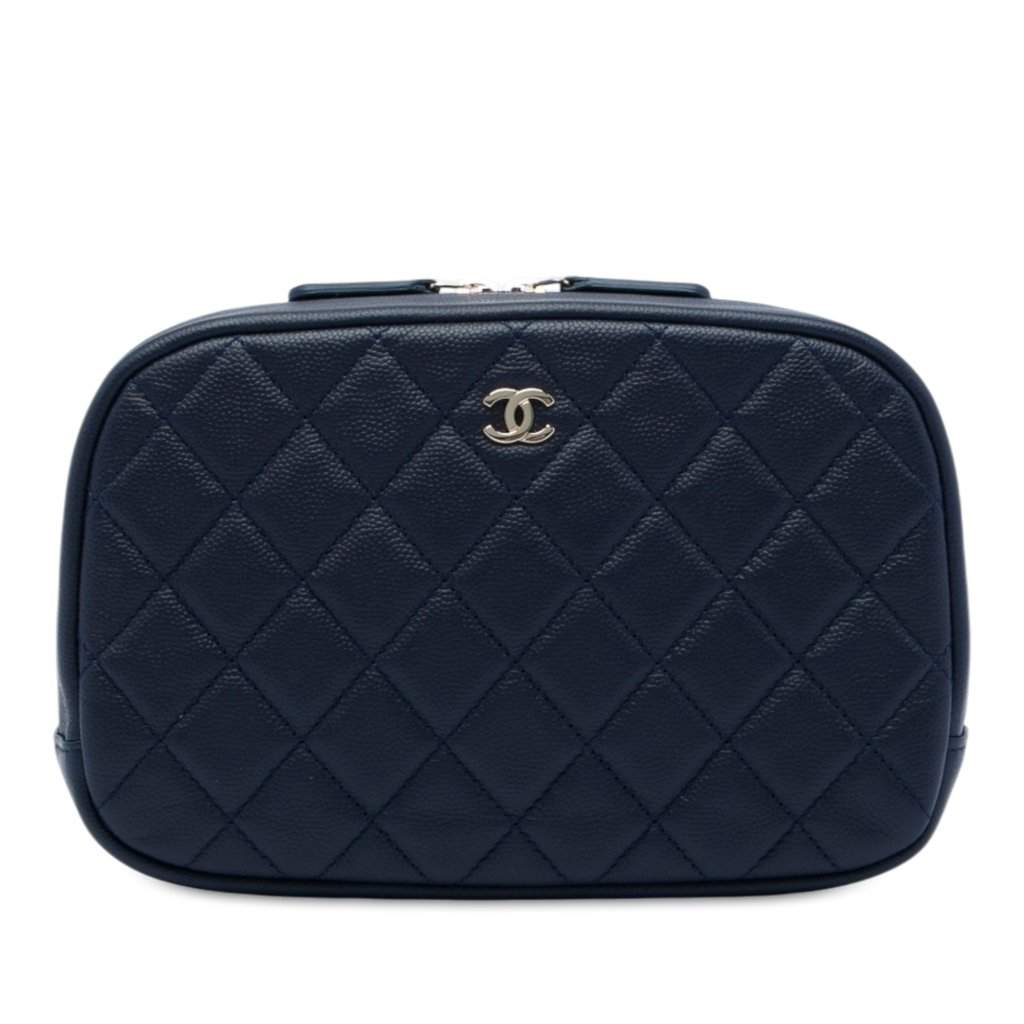 Chanel Large Quilted Caviar Curvy Cosmetic Pouch Blue Leather Very good - Front View