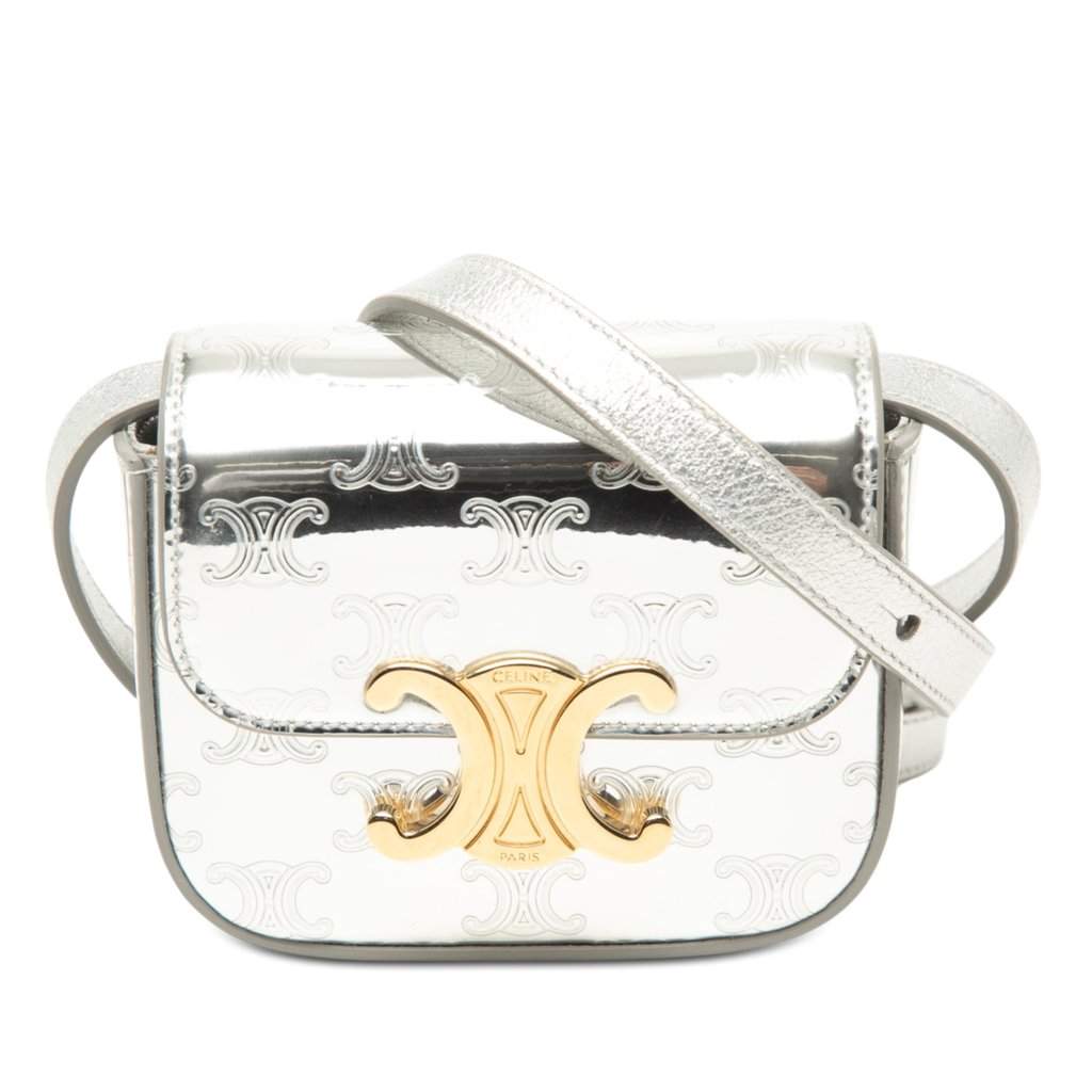 Celine Mini Triomphe Metallic Calfskin Claude Crossbody Silver Leather Very good - Front View
