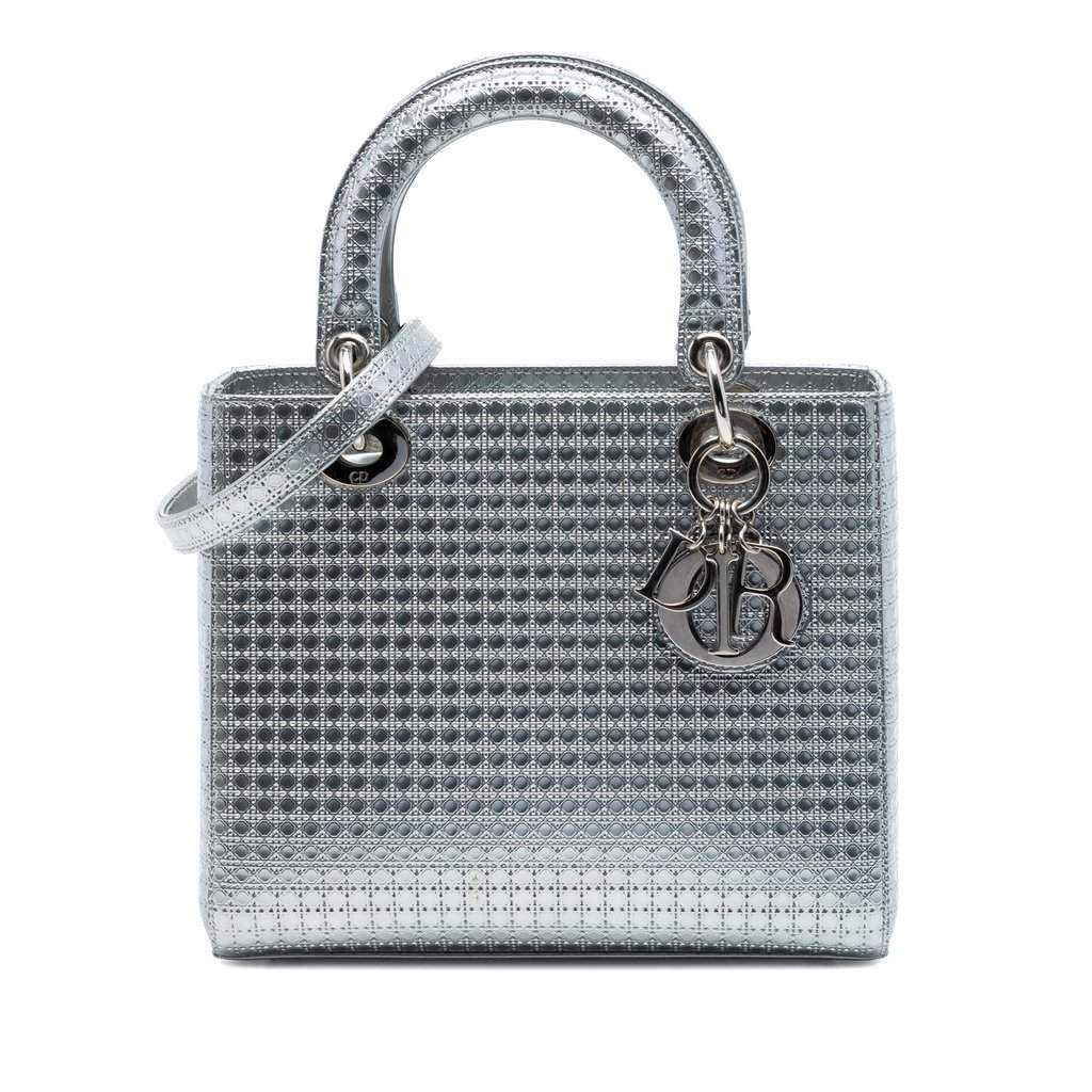Dior Medium Metallic Patent Microcannage Lady Dior Silver Leather Very good condition - Front View