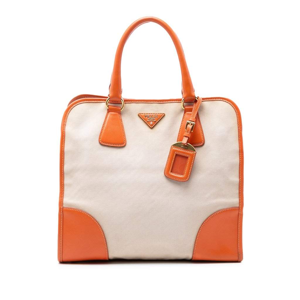 Prada Saffiano Trimmed Canvas Canapa Satchel Beige Very good condition - Front View