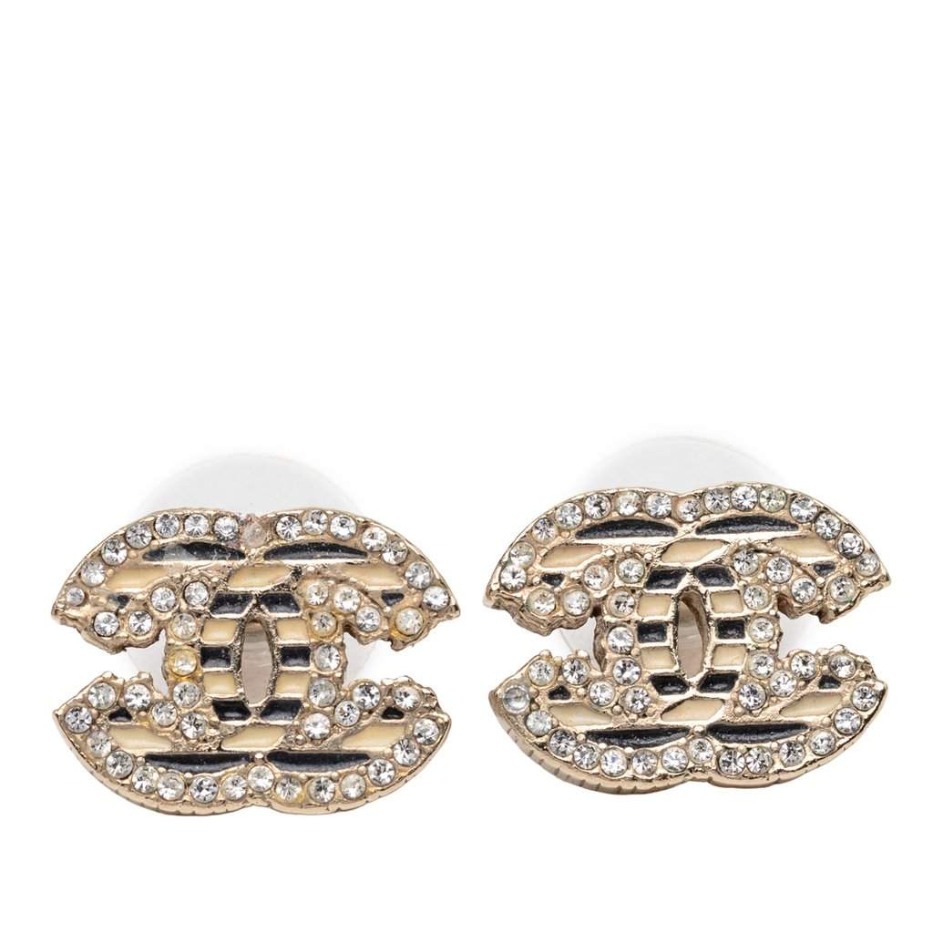 Chanel CC Brass Strass Enamel Push Back Earrings Silver Metal Very good condition - Front View