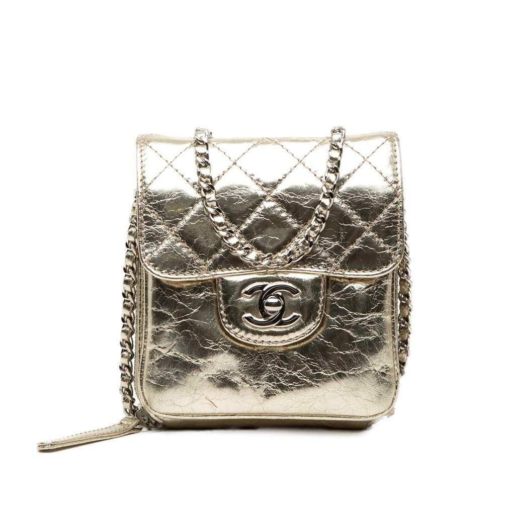 Chanel Quilted Metallic Aged Calfskin Clams Wallet on Chain Gold Leather Very good condition - Front View