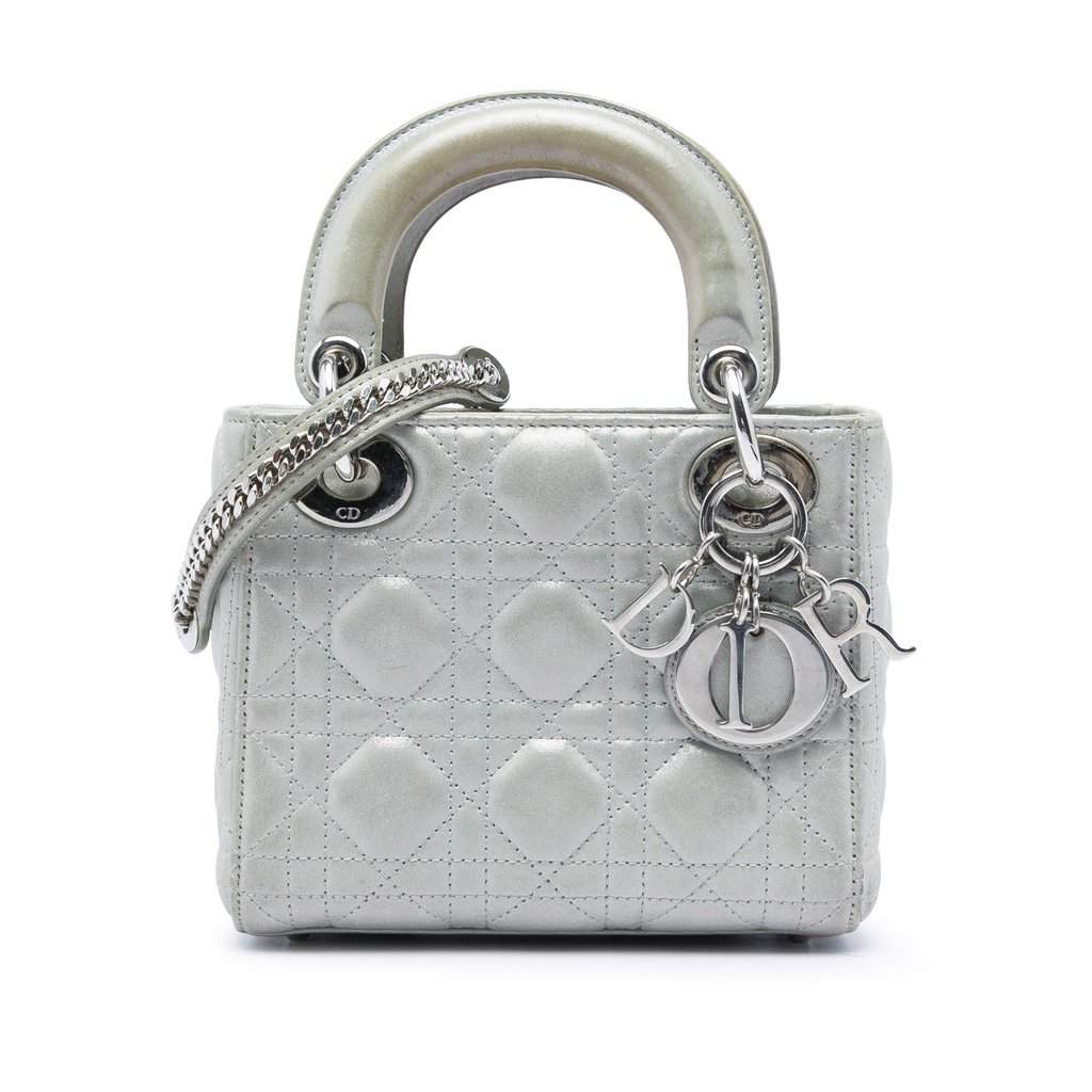 Dior Mini Iridescent Lambskin Cannage Lady Dior Silver Leather Very good condition - Front View