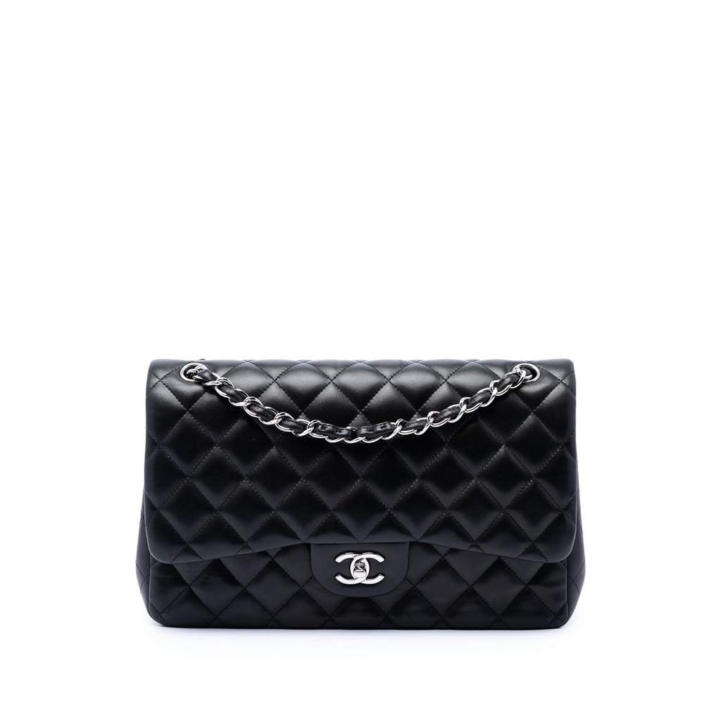 Chanel Jumbo Classic Lambskin Double Flap Black Leather Very good condition - Front View