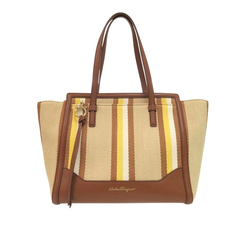 Salvatore Ferragamo Medium Striped Canvas and Leather Amy Tote Beige Very good condition - Front View