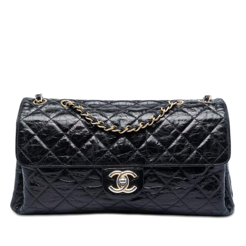 Chanel Jumbo CC Quilted Crumpled Calfskin Straight Flap Black Leather Very good - Front View