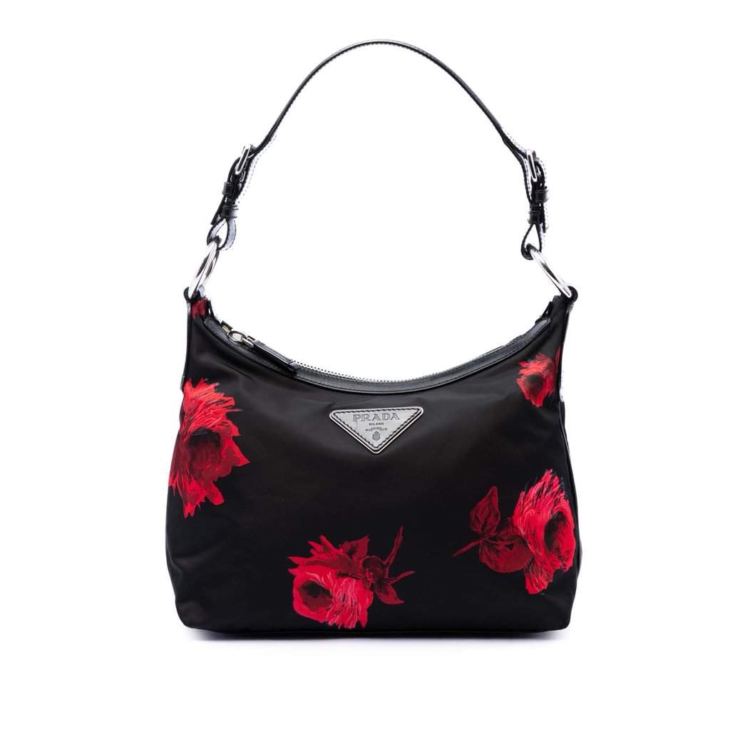 Prada Tessuto Stampato Rose Shoulder Bag Black Very good - Front View