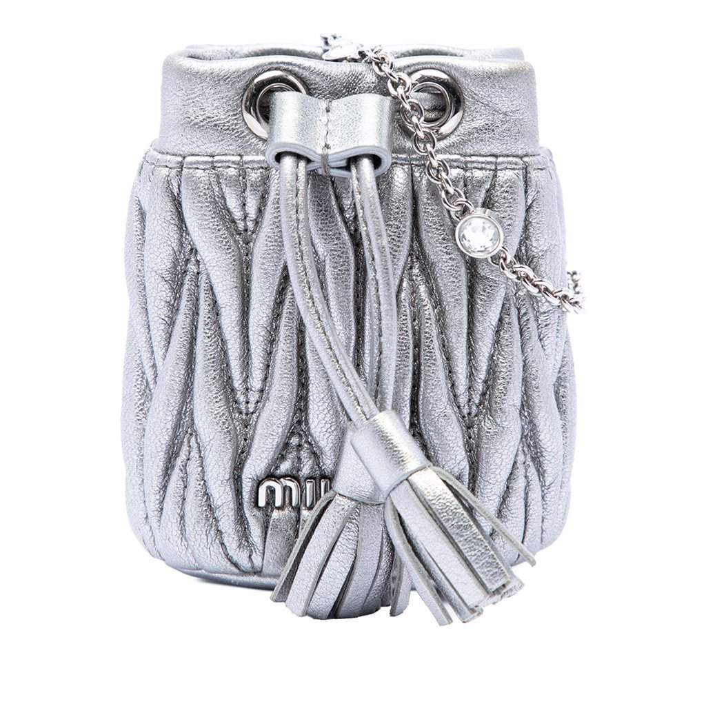 Miu Miu Mini Metallic Matelasse Nappa Crystal Chain Bucket Bag Silver Leather Very good - Front View