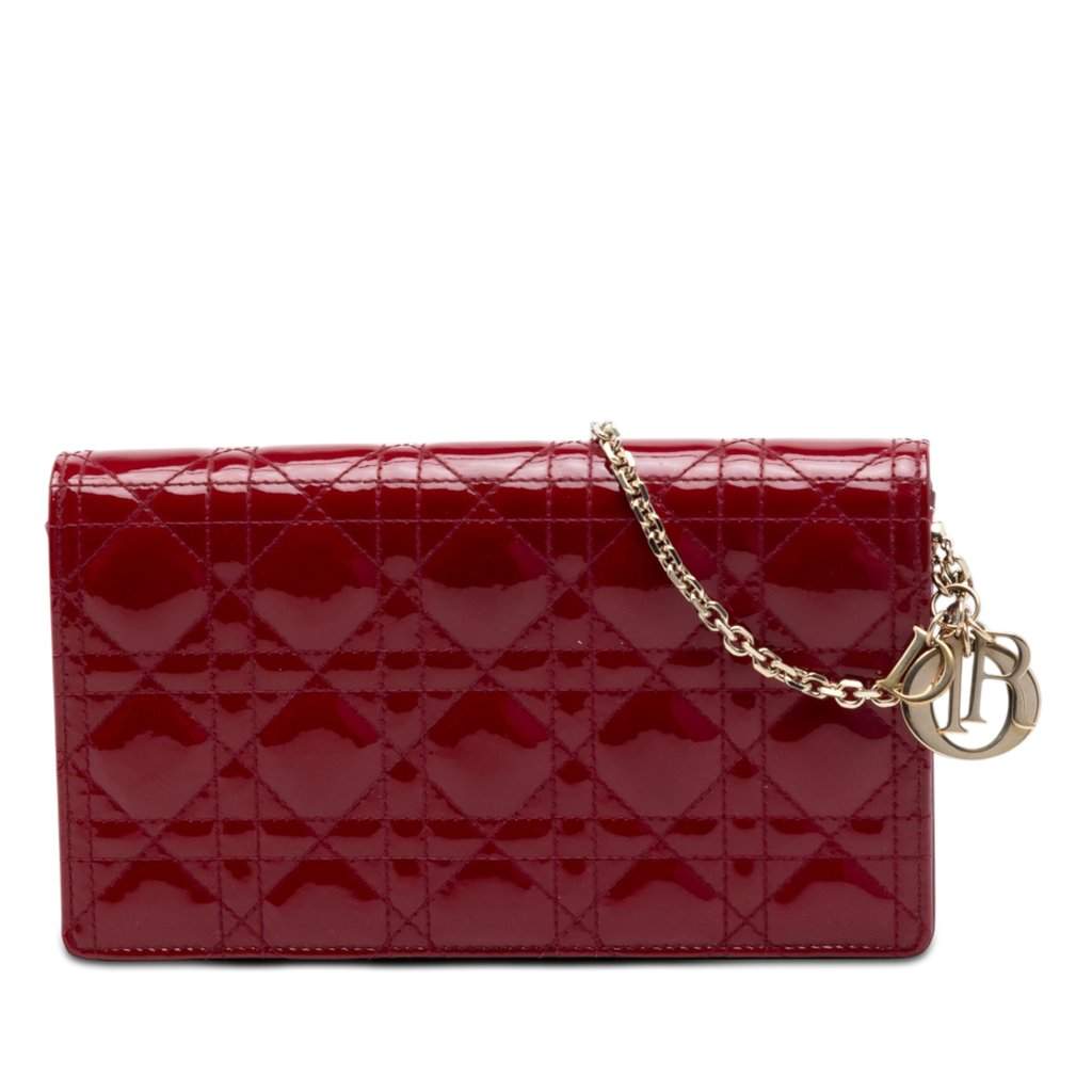 Dior Patent Cannage Lady Dior Chain Convertible Clutch Red Leather Very good condition - Front View