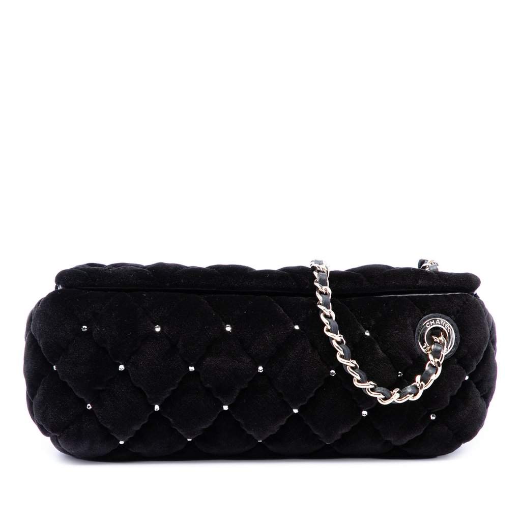 Chanel CC Quilted Velvet Crystal Wristlet Clutch Black Very good condition - Front View