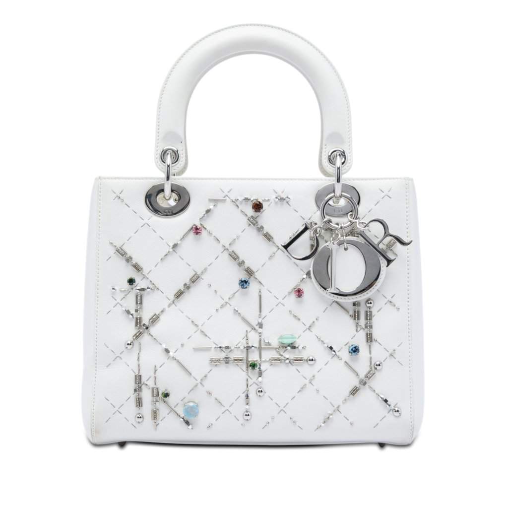 Dior Medium Calfskin Beads And Rhinestone Embellished Lady Dior White Leather Very good - Front View