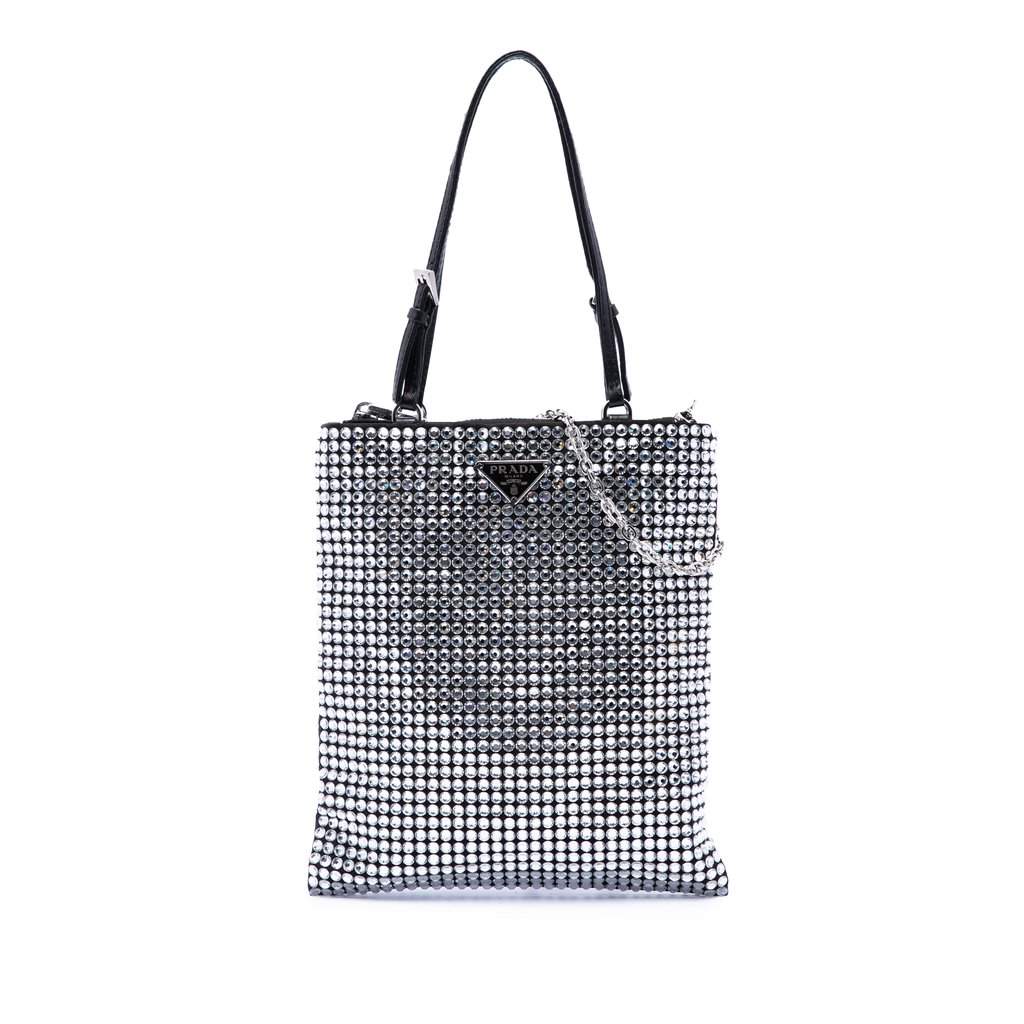 Prada Satin Crystal Embellished Chain Flat Tote Black Good - Front View